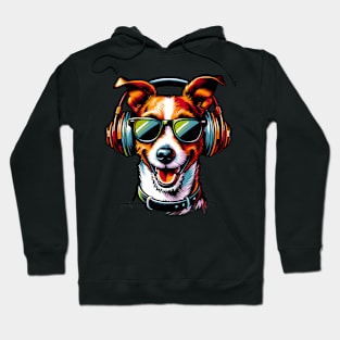 Smiling Russell Terrier DJ Enjoys Music in Japanese Style Hoodie